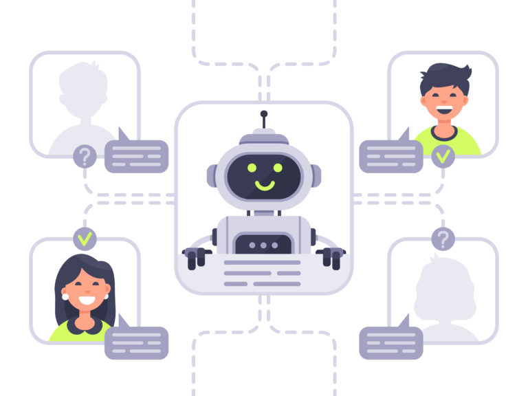 A cheerful robot with users interacting through chat bubbles.