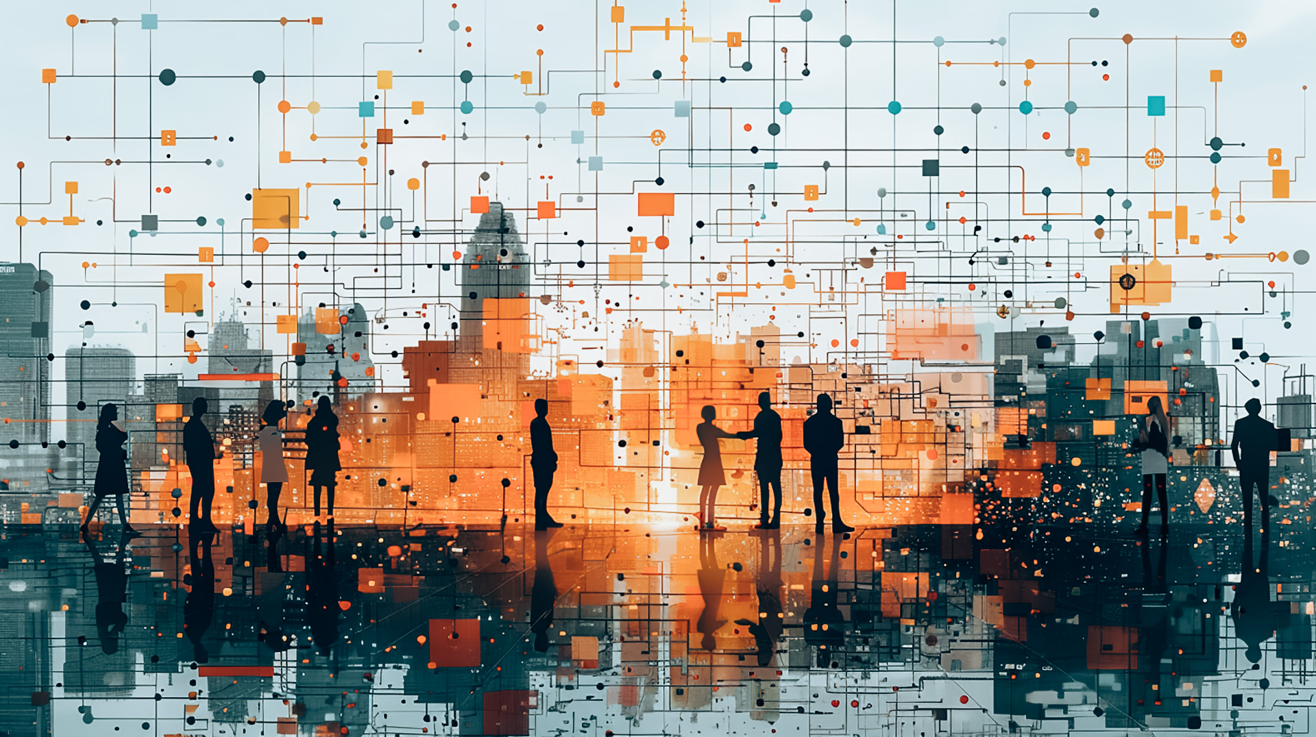 Silhouetted figures discussing with abstract digital city backdrop