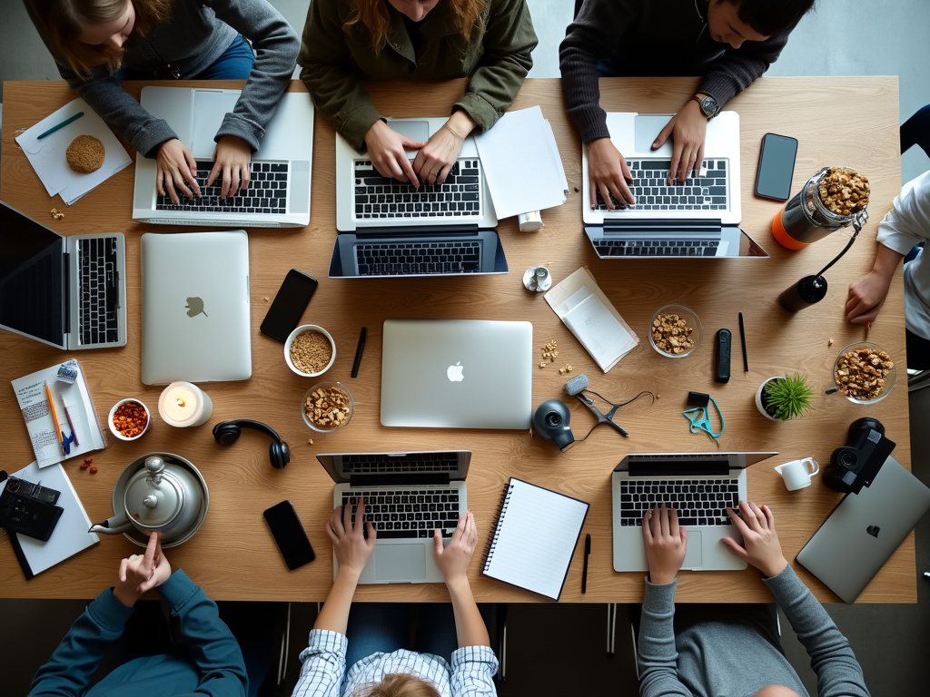 Top-down view of a collaborative workspace with laptops and snacks.