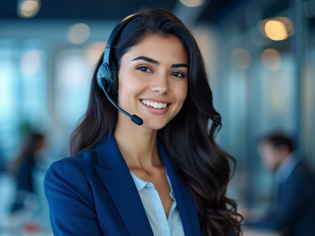 A smiling woman in a headset working at a computer.