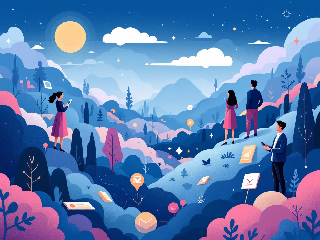 A sleek, minimalist illustration depicting a digital landscape with geometric shapes and elements.