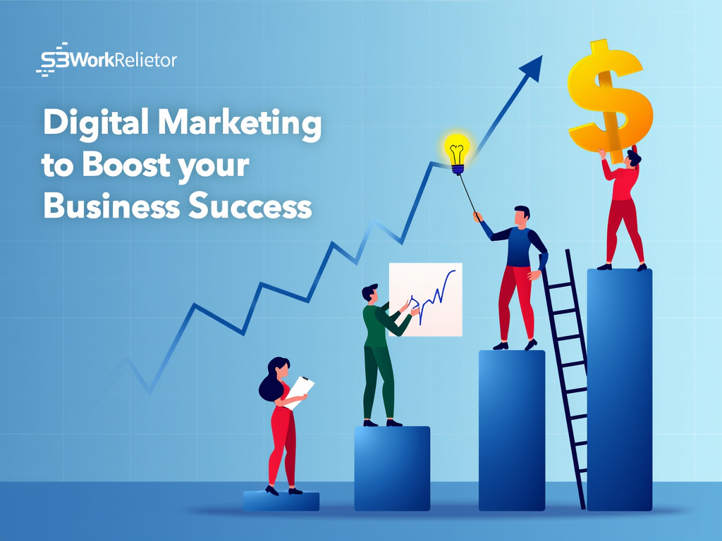 A group of diverse individuals engaged in activities for business growth through digital marketing, featuring characters on bar graphs and climbing a ladder to a dollar sign.