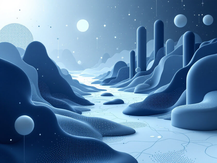 A sleek, minimalist digital landscape with abstract geometric shapes in blue and gray.