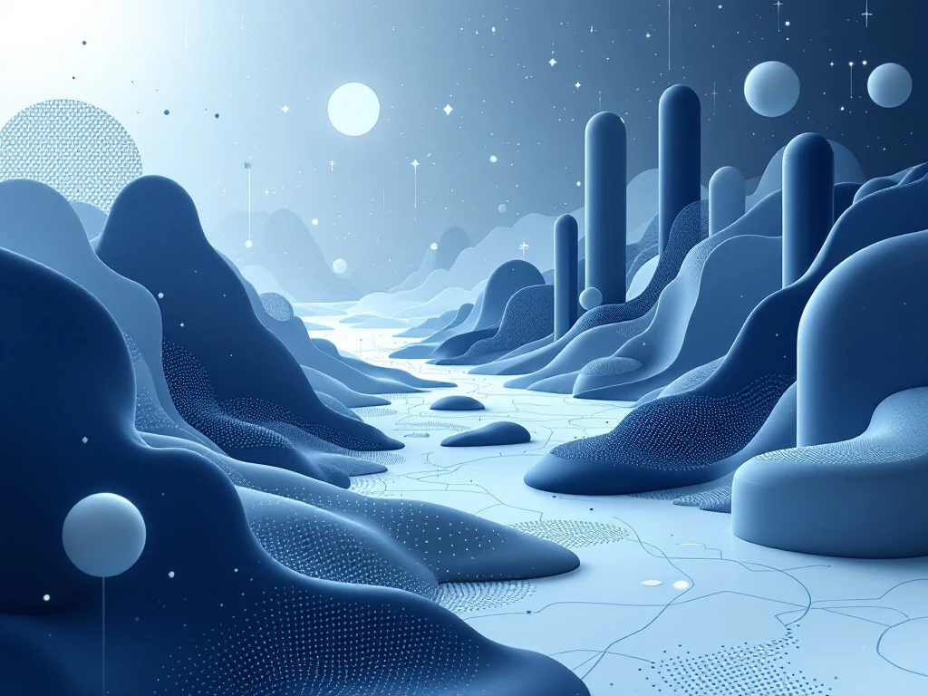 A sleek, minimalist digital landscape with abstract geometric shapes in blue and gray.