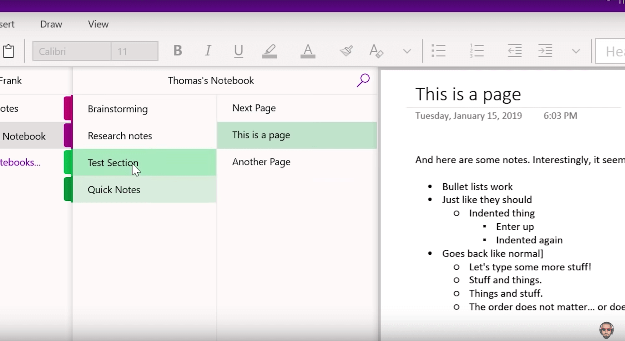 A digital notebook with sections for notes and bullet points