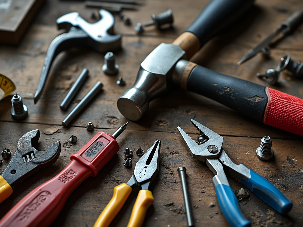 A collection of hand tools including a hammer, pliers, and screwdriver.