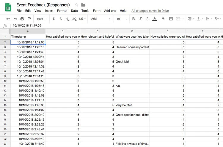 Feedback responses from an event with ratings and comments.