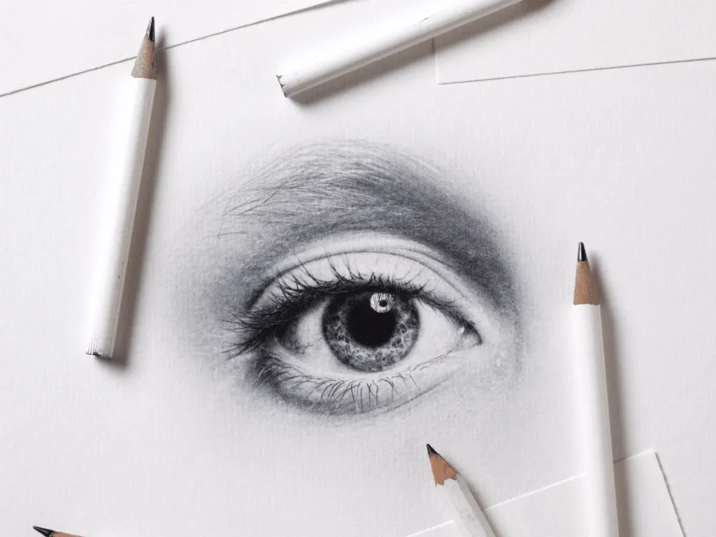 A highly detailed sketch of an eye surrounded by drawing pencils.