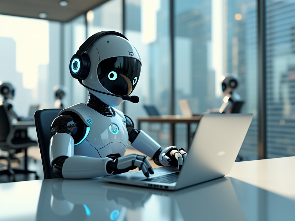 A friendly-looking robot with a headset focused on a laptop in an office.