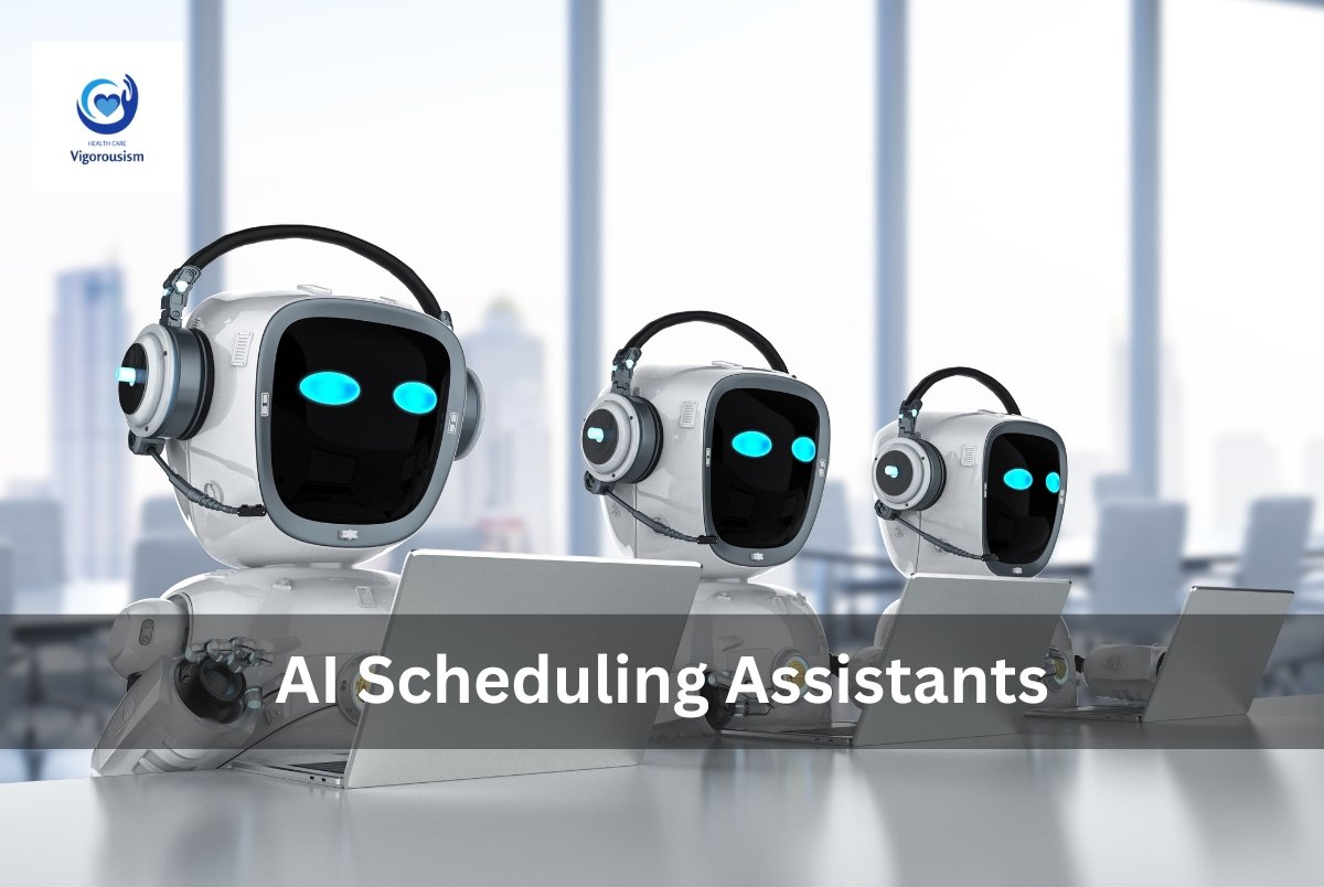 Three futuristic robots with glowing blue eyes and headphones at desks with laptops.