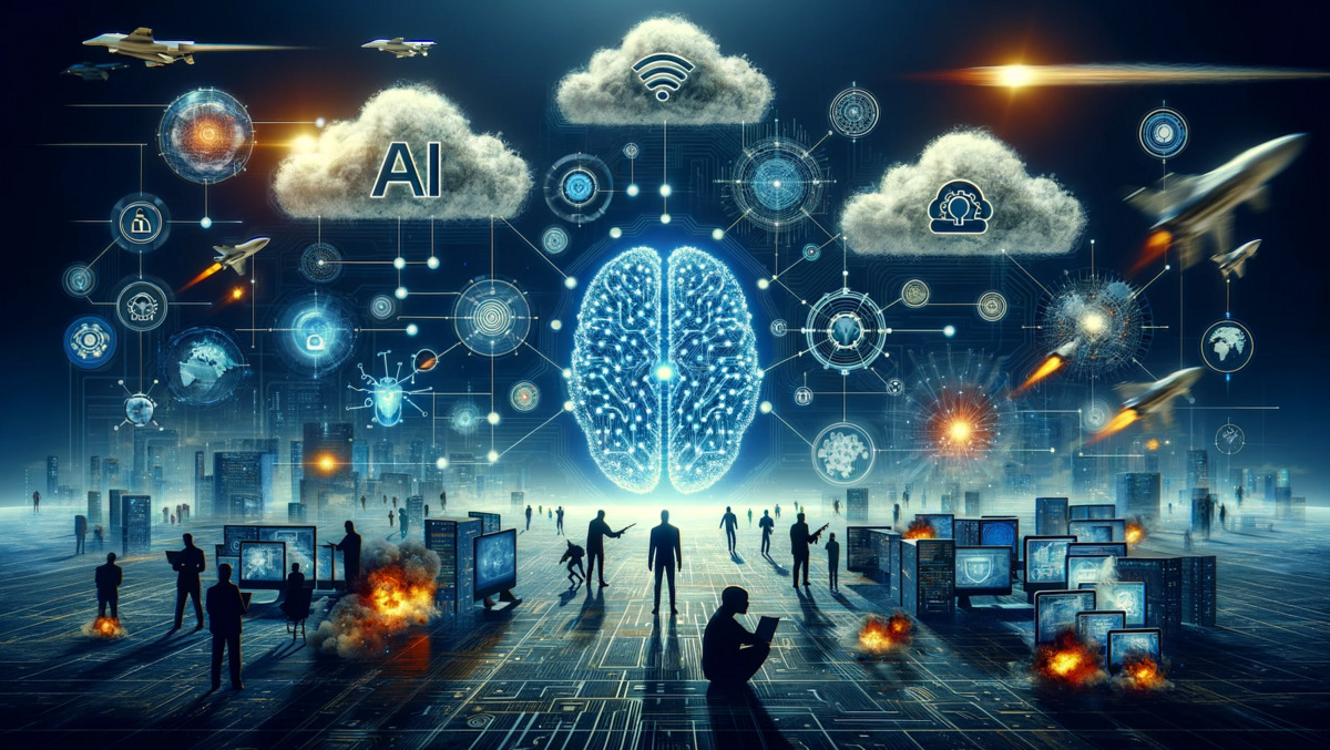 Futuristic landscape with a glowing brain and technology symbols.