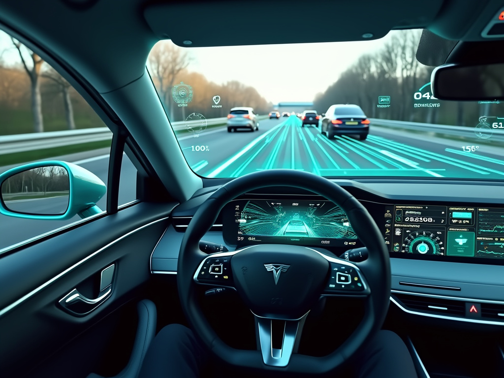 An interior view of a futuristic autonomous vehicle with a digital dashboard.