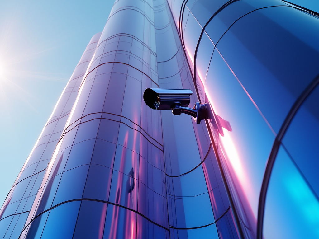 A futuristic building with reflective glass and surveillance cameras.