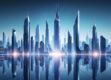A futuristic, minimalist cityscape with towering skyscrapers and sleek architecture in metallic colors.