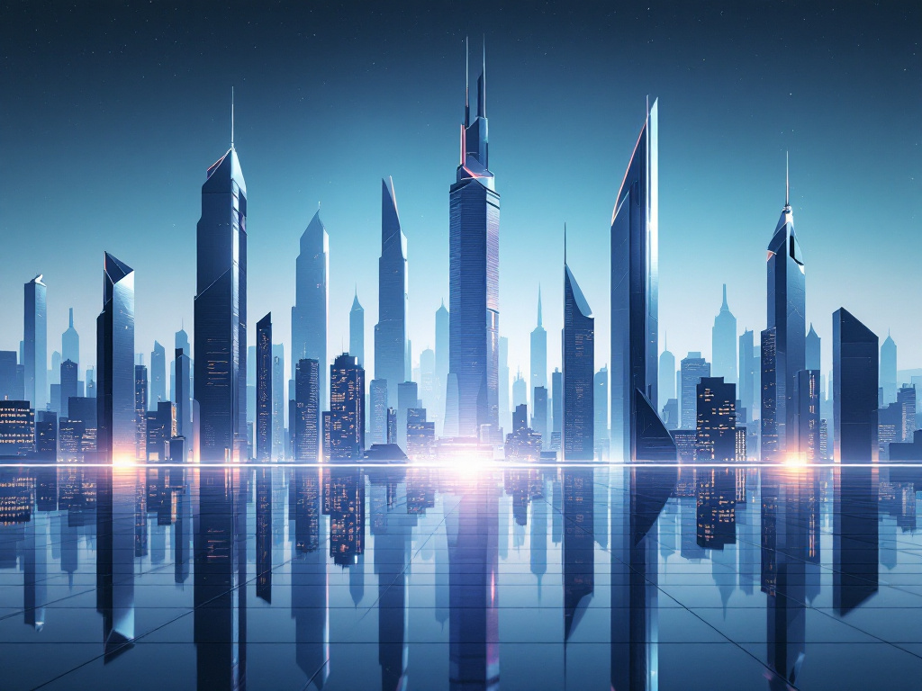 A futuristic, minimalist cityscape with towering skyscrapers and sleek architecture in metallic colors.