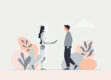 A minimalist abstract illustration of a futuristic digital assistant interacting with a human silhouette against a geometric background.