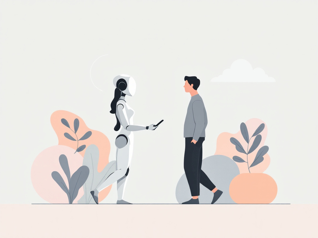 A minimalist abstract illustration of a futuristic digital assistant interacting with a human silhouette against a geometric background.