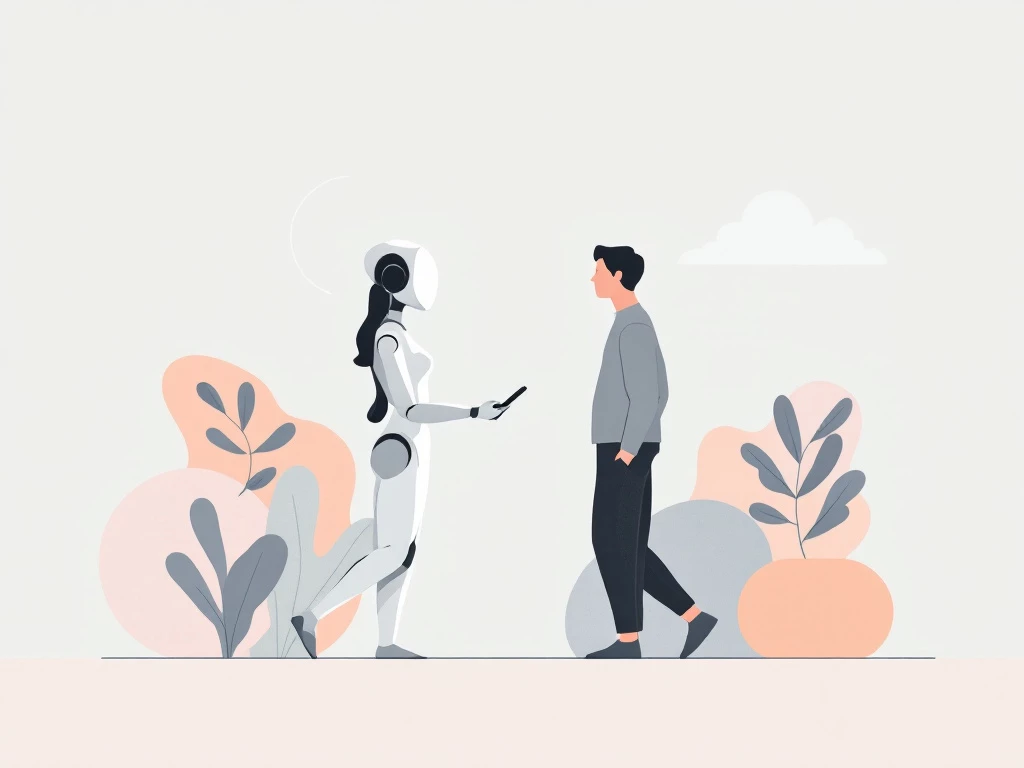 A minimalist abstract illustration of a futuristic digital assistant interacting with a human silhouette against a geometric background.