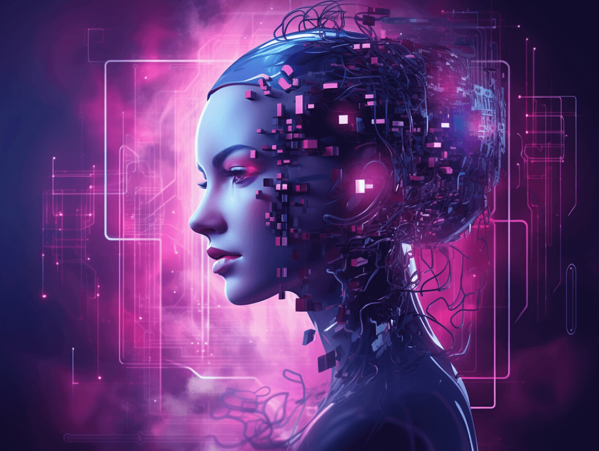 A humanoid figure with digital circuitry against a vibrant background.