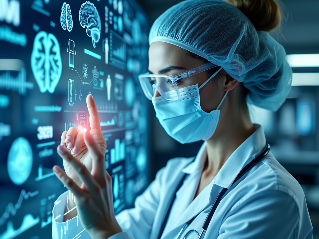 A healthcare professional in protective gear interacts with a holographic display featuring medical data and AI analytics.