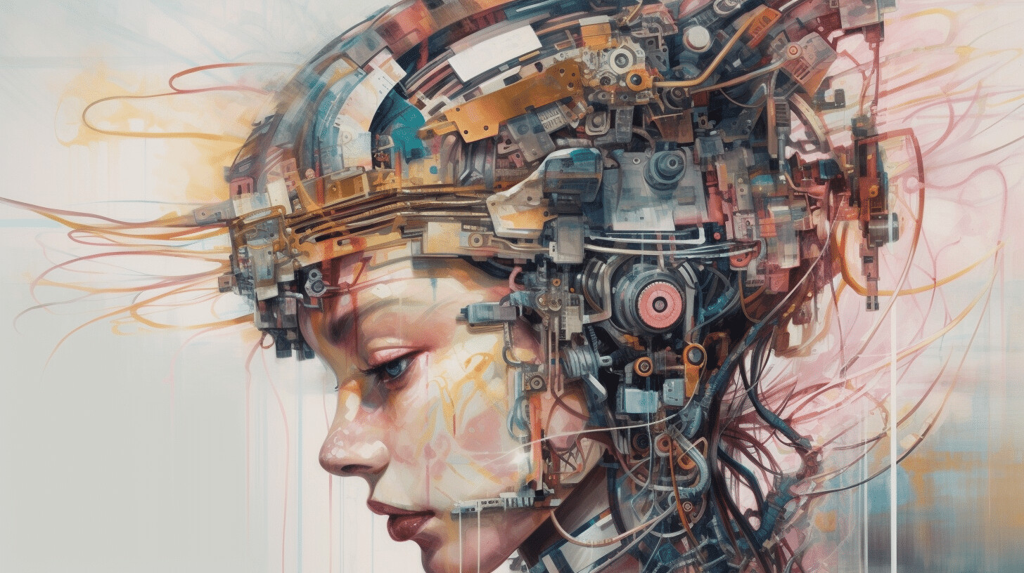 A futuristic portrait of a woman's profile with mechanical elements and light.