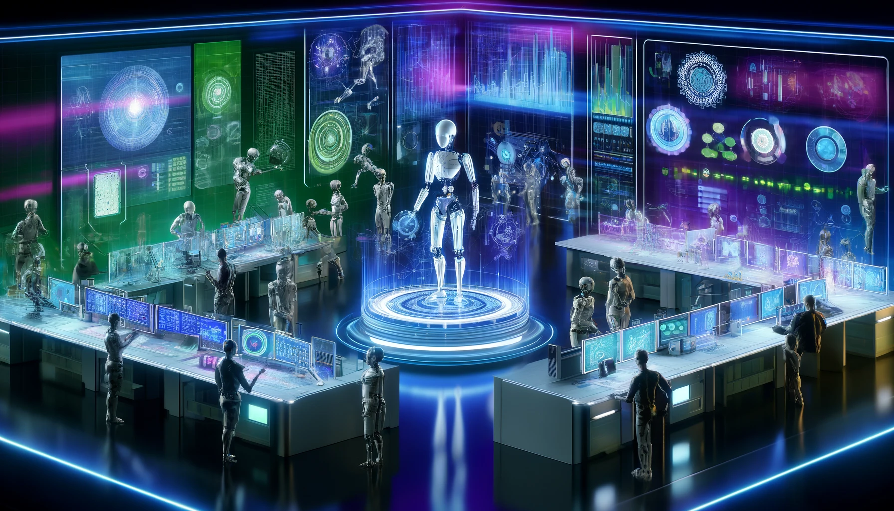 Futuristic workspace with humanoid robots and holographic displays