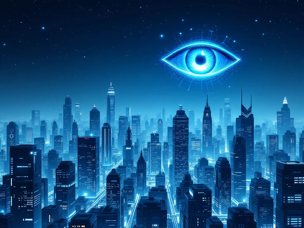 A serene, futuristic cityscape with towering skyscrapers bathed in a cool, ethereal glow.