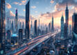 A futuristic cityscape with sleek skyscrapers and advanced transportation systems.