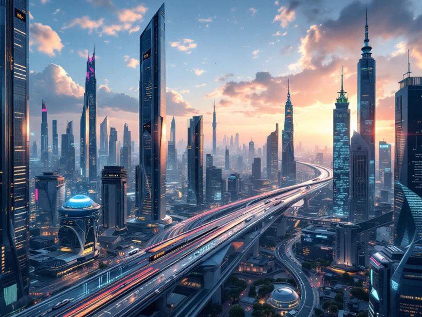 A futuristic cityscape with sleek skyscrapers and advanced transportation systems.