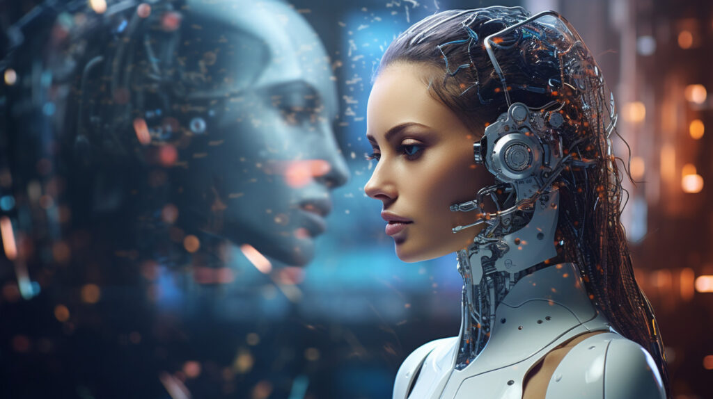 Futuristic female humanoid interacting with digital self.