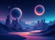 A futuristic, minimalist landscape featuring geometric shapes and gradients related to AI and machine learning.