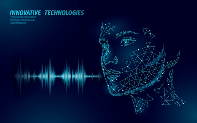 Geometric face overlaid with sound waves representing speech recognition.