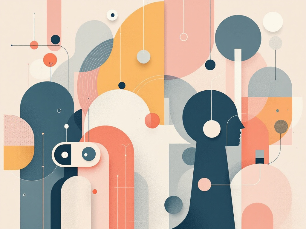 A variety of simple geometric shapes in muted pastel tones arranged in a visually dynamic composition.