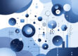 A sleek, minimalist illustration depicting various geometric shapes and forms in shades of blue, gray, and black, representing abstract concepts of artificial intelligence, machine learning, and data analysis.