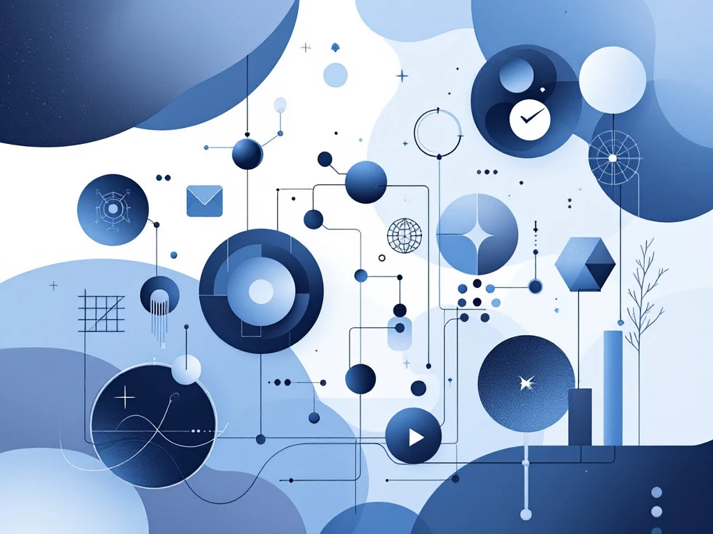 A sleek, minimalist illustration depicting various geometric shapes and forms in shades of blue, gray, and black, representing abstract concepts of artificial intelligence, machine learning, and data analysis.
