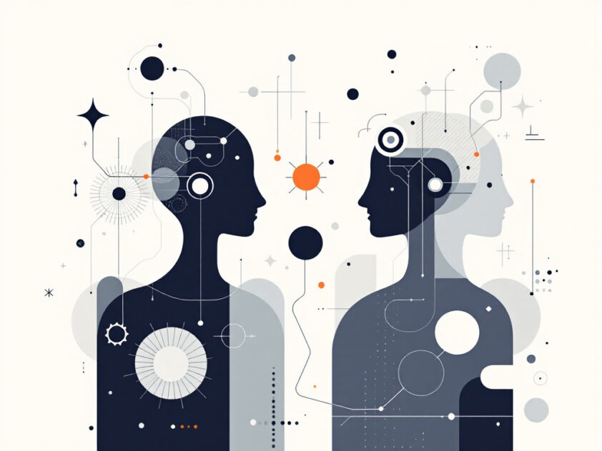 A sleek illustration of geometric shapes representing AI agents and decision-making.