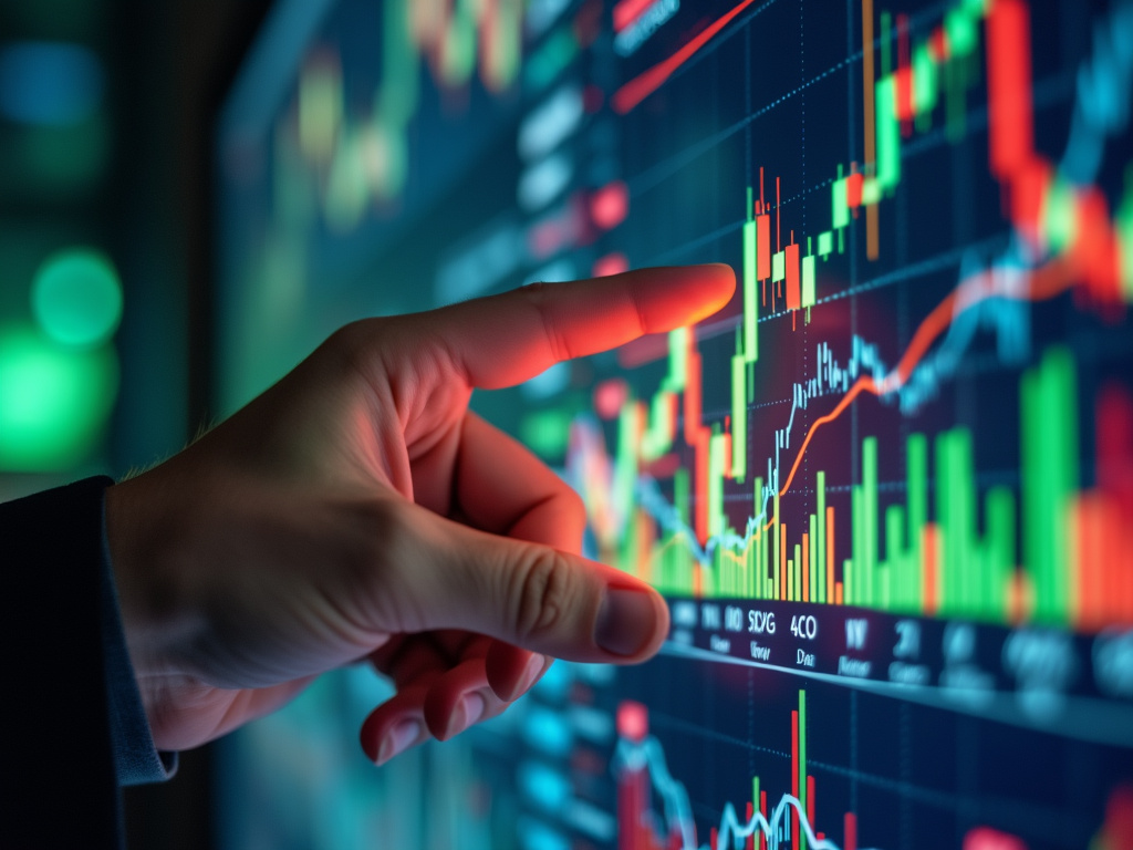 A hand interacting with a digital display of financial graphs.