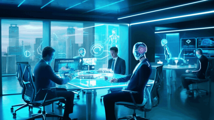 Group of professionals discussing AI solutions in a high-tech room