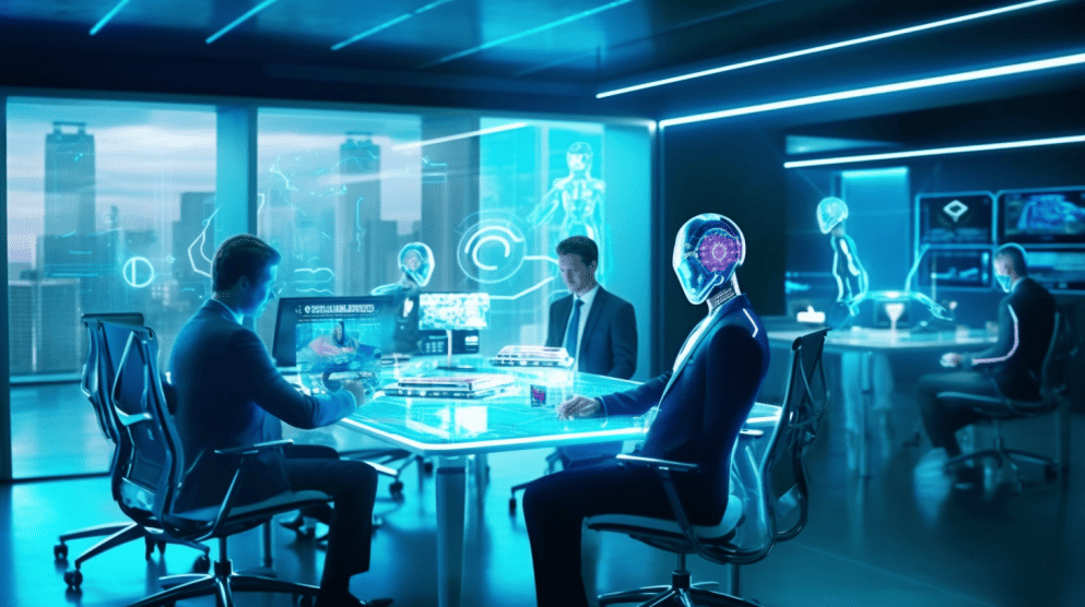 Group of professionals discussing AI solutions in a high-tech room