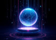 A futuristic illustration of a floating, holographic sphere with abstract digital elements.
