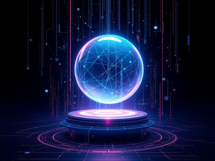 A futuristic illustration of a floating, holographic sphere with abstract digital elements.