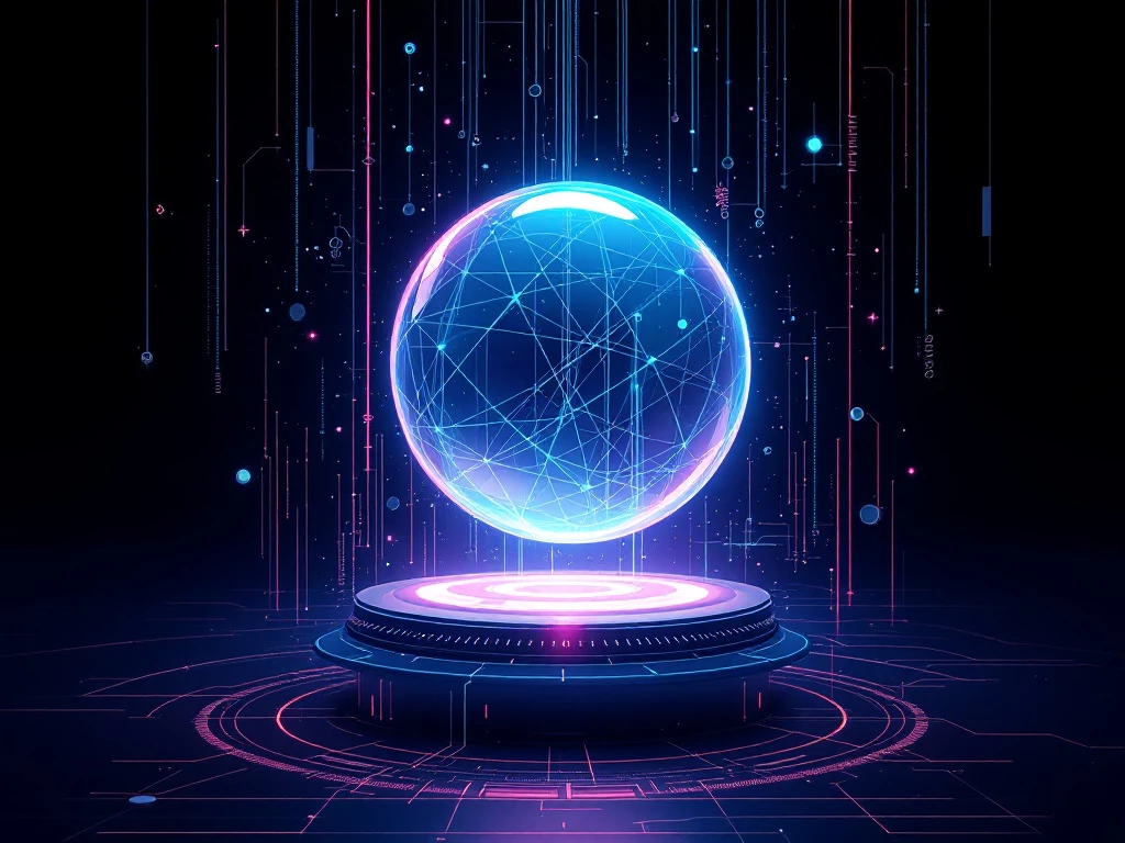 A futuristic illustration of a floating, holographic sphere with abstract digital elements.