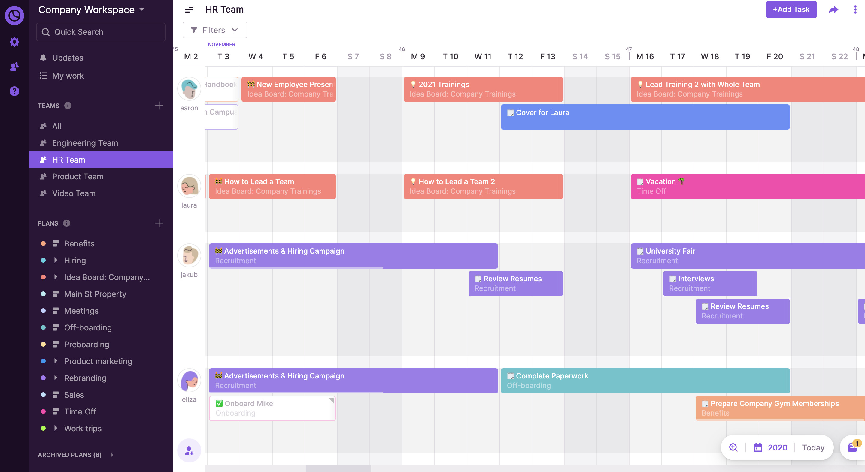 Digital project management dashboard for HR tasks and events