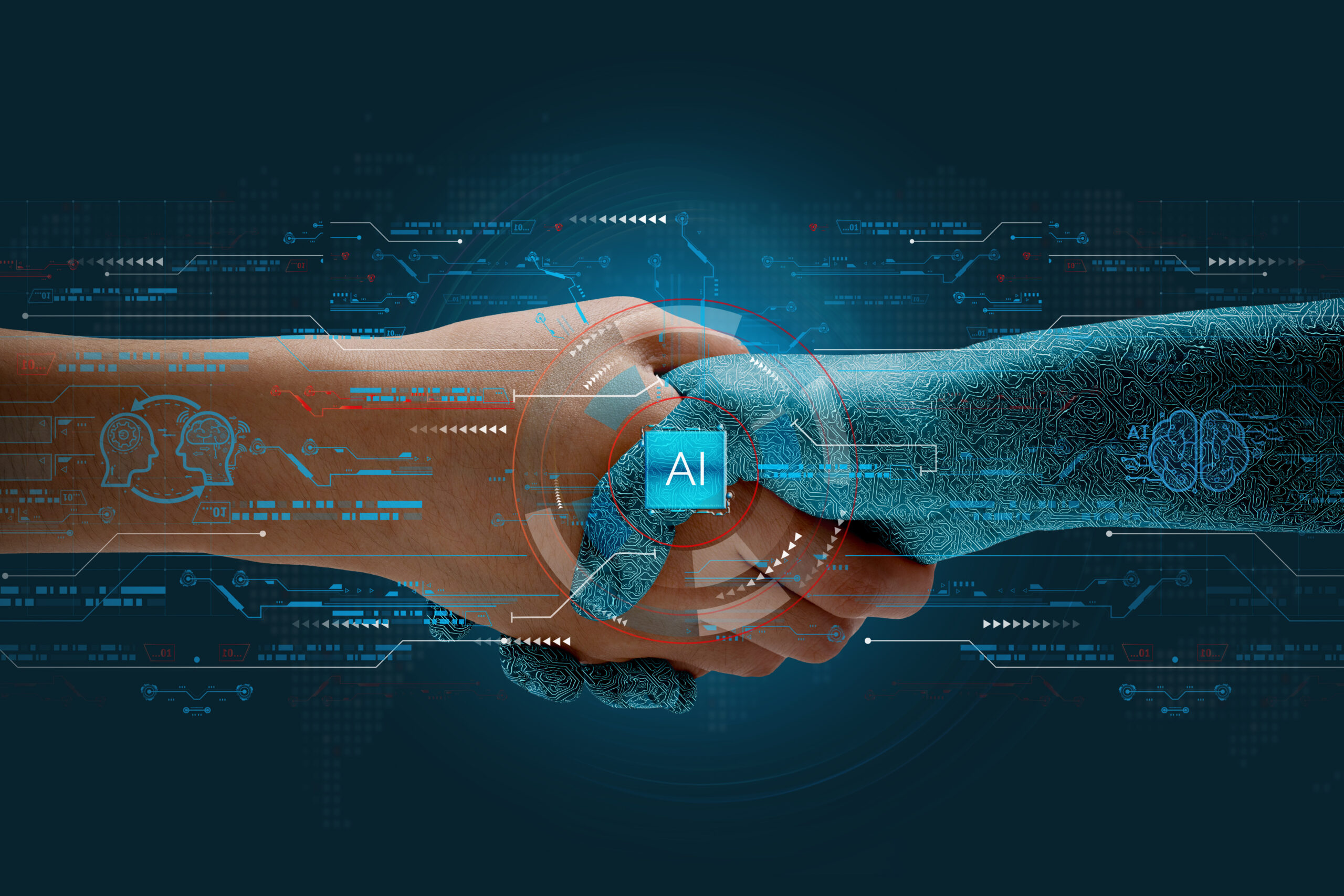 A human hand and a robotic hand clasped together symbolizing AI connection