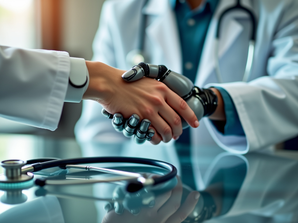 A human hand shakes hands with a robotic hand in a medical setting.