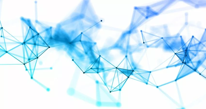 A network of interconnected nodes and lines in blue shades representing data relationships.