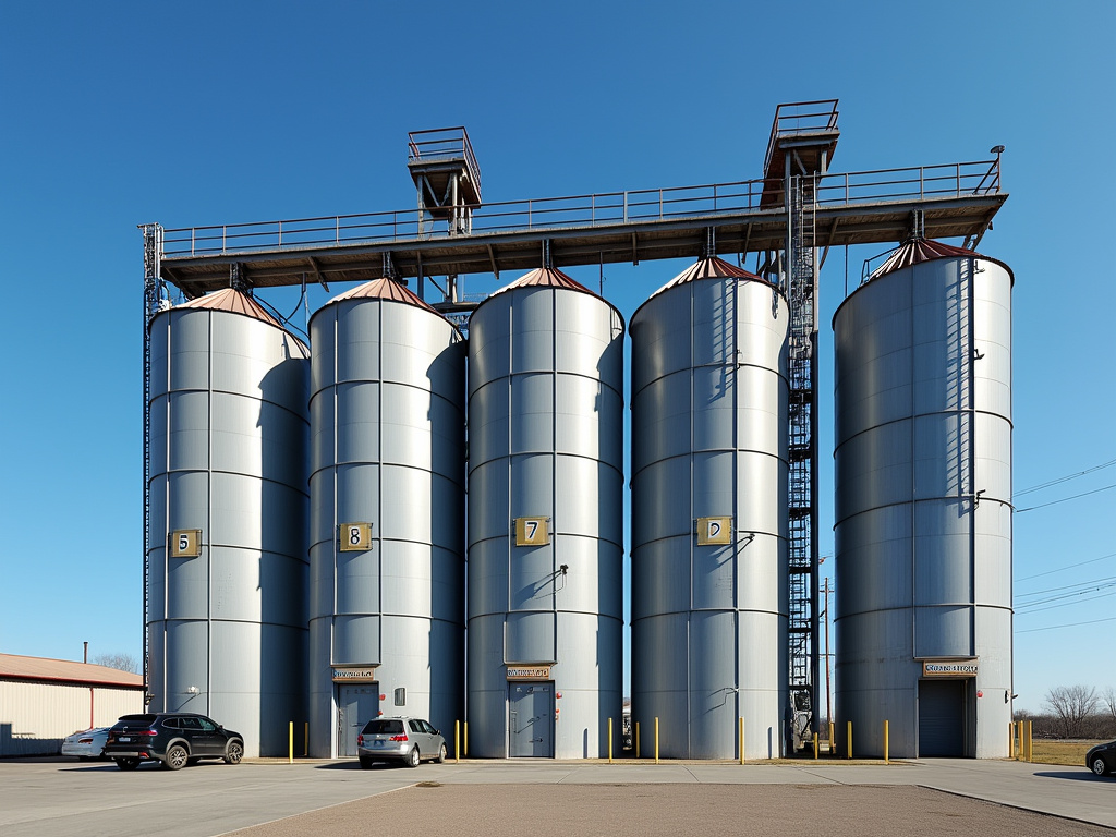 Several large, cylindrical metal silos in a row.