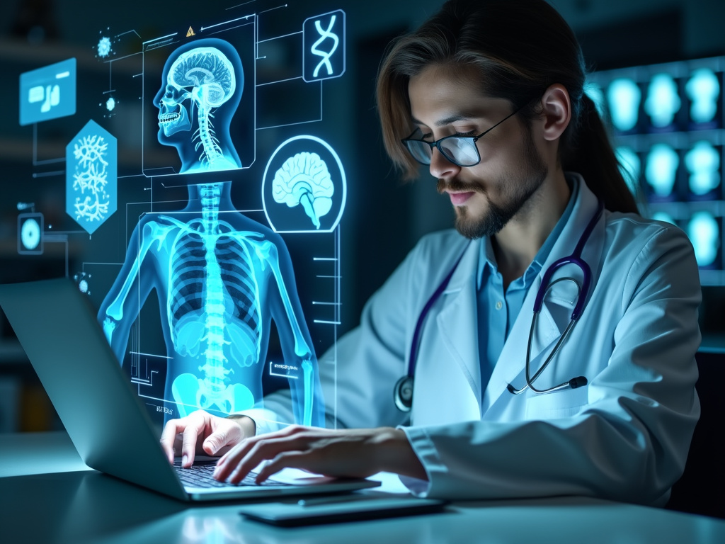 A medical professional using a laptop to analyze an X-ray image.