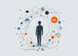 A minimalist illustration of a simplified human-like figure surrounded by geometric shapes, symbolizing AI autonomy and interconnectedness.