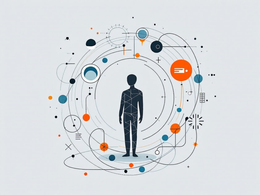 A minimalist illustration of a simplified human-like figure surrounded by geometric shapes, symbolizing AI autonomy and interconnectedness.